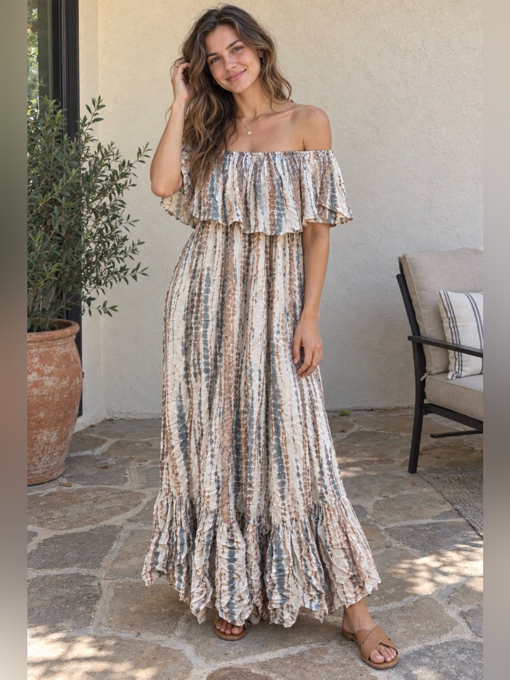 Young Fabulous & Broke Off-Shoulder Maxi Dress in Cream, Tan & Blue-Grey